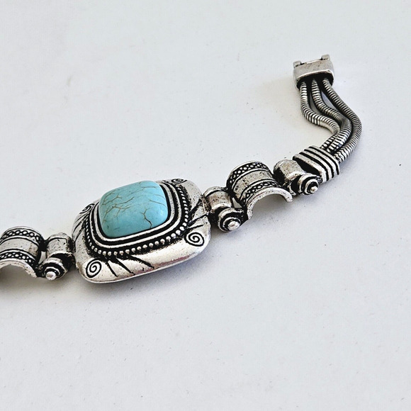 Faux Turquoise Chunky Bracelet Blue Silvertone Southwestern Aztec Boho Geometric - Picture 7 of 8